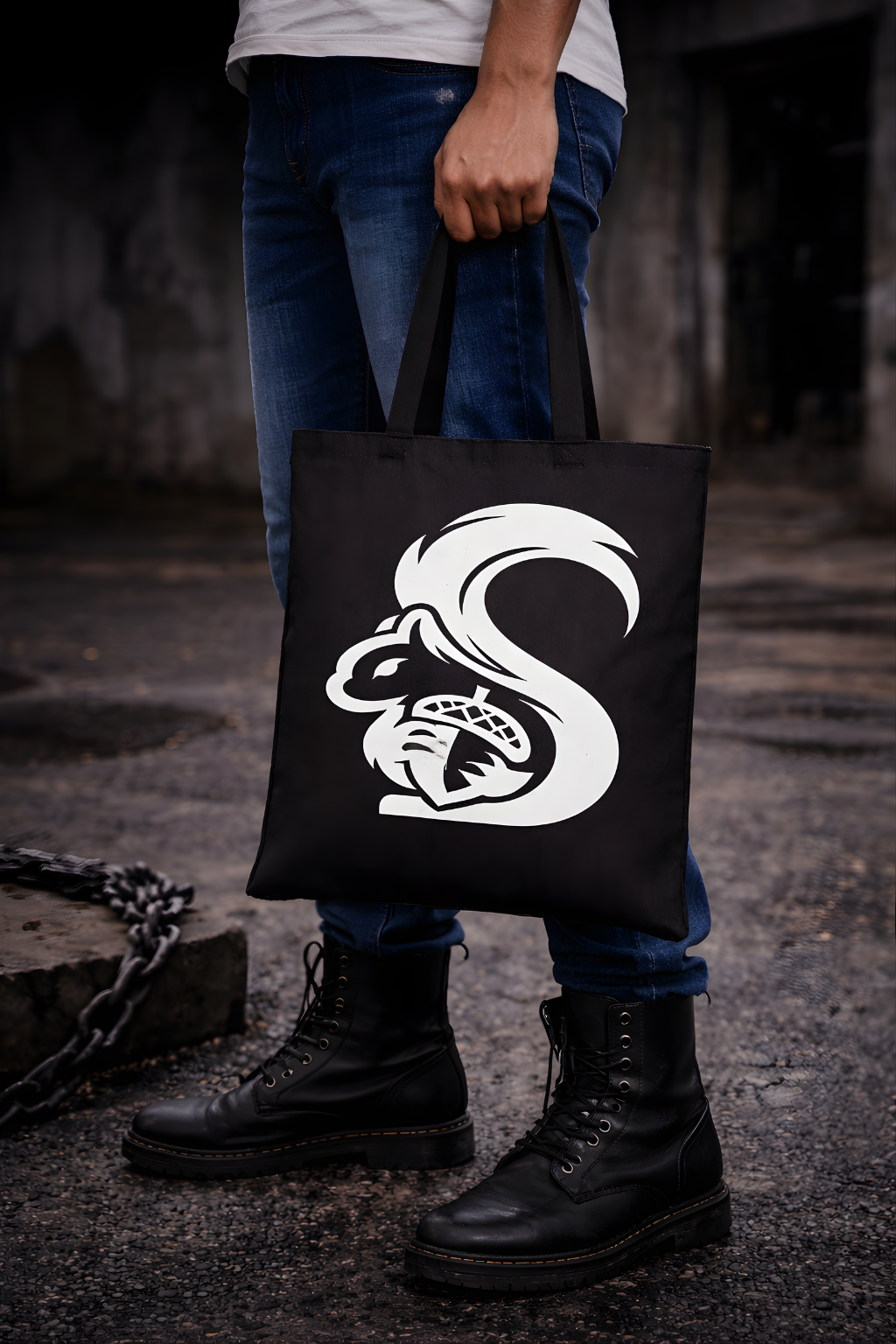 Black Canvas Squirrel Tote Bag, Trust No One Graphic Tote, Edgy Minimal Tote Bag